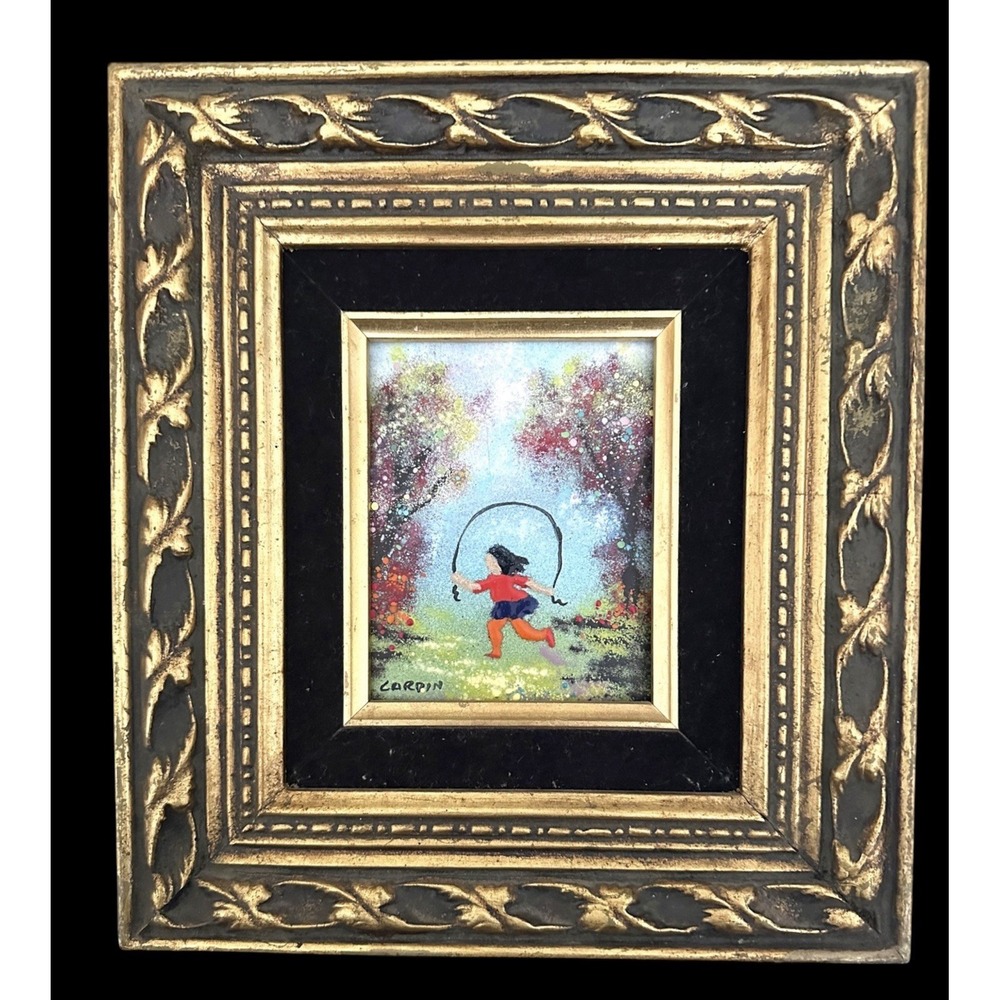 French Enamel on Copper Signed by Louis Cardin Girl Jumping Rope In Park France